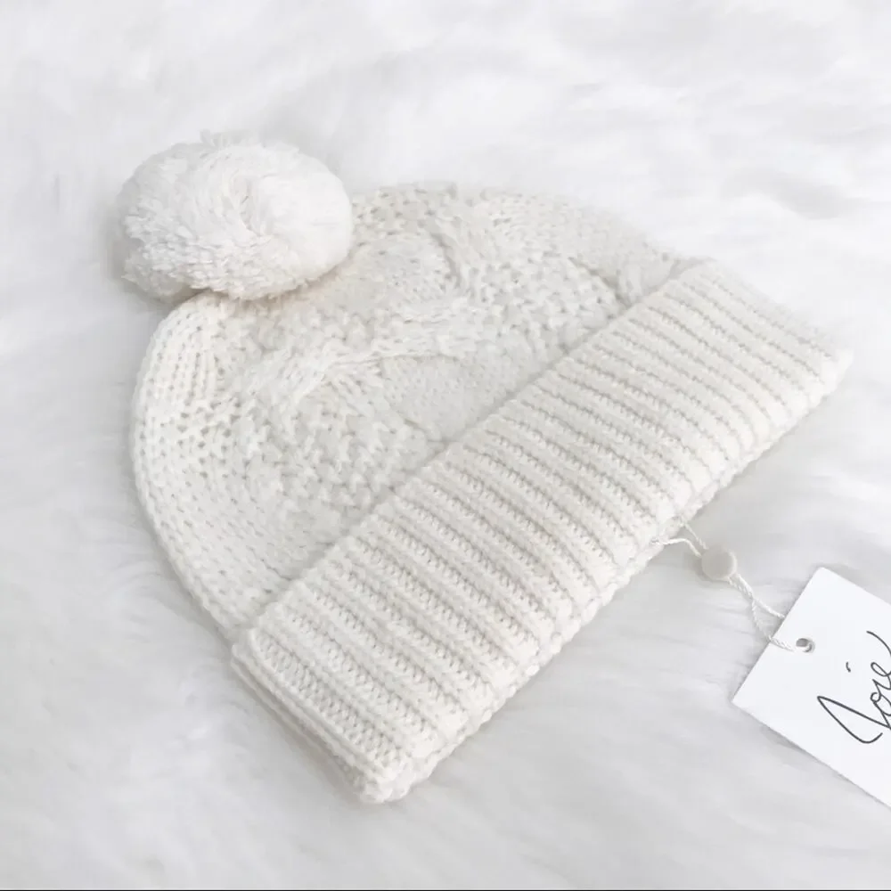 JOIE Pom Pom Cable Knit Beanie Hat